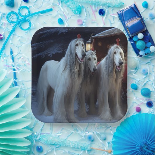 Afghan Hound Snowy Sleigh Ride Kerstmisdecor Papieren Bordje (Feest)