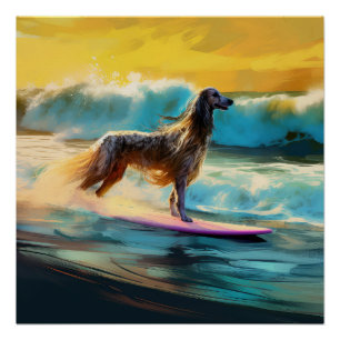 Afghan Hound Strand Surfen Schilderij Perfect Poster