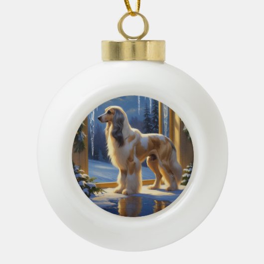 Afghan Hound With Christmas Lights Holiday Keramische Bal Ornament (Voorkant)