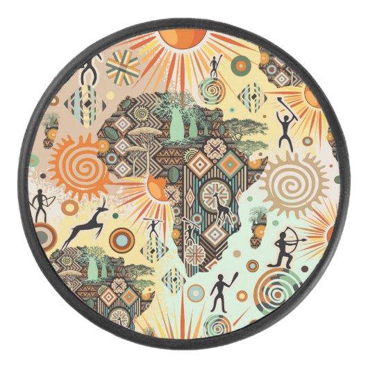 Africa Map Decorative Tribal Elements Pattern Hockey Puck (Voorkant)