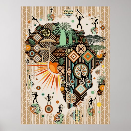 Africa Map Decorative Tribal Elements Pattern Poster (Voorkant)