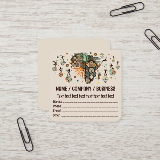 Africa Map Decorative Tribal Elements Pattern Vierkante Visitekaartje (Voorkant / Achterkant in situ)