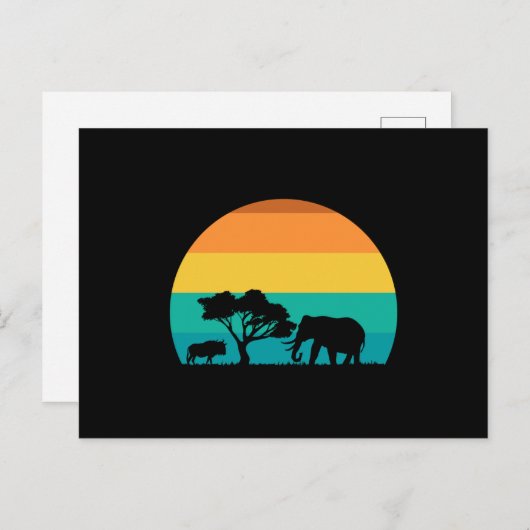 Africa Sunset with Elephant and Gnu Retro Briefkaart (Voorkant / Achterkant)