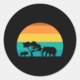 Africa Sunset with Elephant and Gnu Retro Ronde Sticker