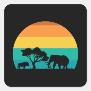 Africa Sunset with Elephant and Gnu Retro Vierkante Sticker