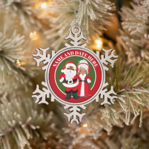 African American add name date Santa Mrs Claus Tin Sneeuwvlok Ornament
