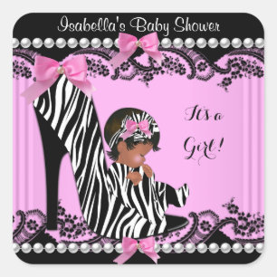 African American Baby shower Girl Hot Pink Zebra 3 Vierkante Sticker