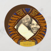 African Ankara Blue Gold Floral Save the Date (Voorkant / Achterkant)