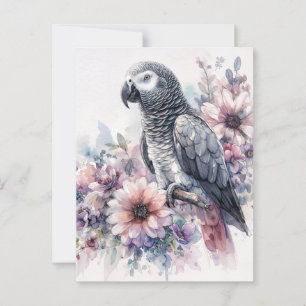 African Grey met wilde bloemen Waterverf Art Briefkaart