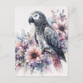 African Grey met wilde bloemen Waterverf Art Briefkaart