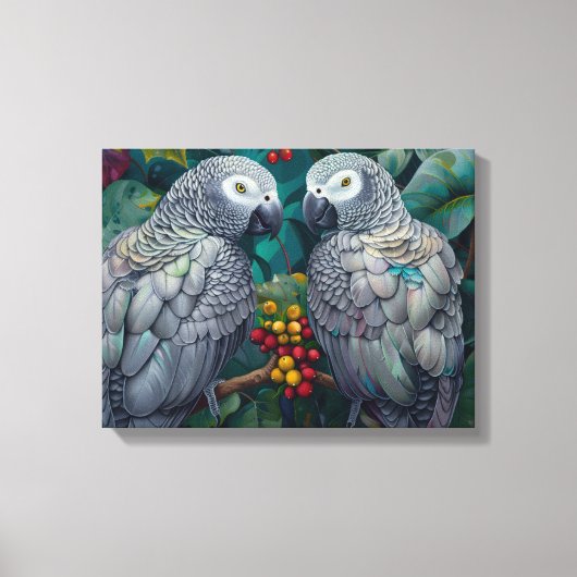 African Grey Parrots Persimmon-Berry Duet  Canvas Afdruk (Voorkant)