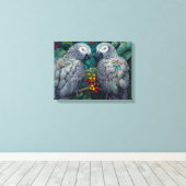 African Grey Parrots Persimmon-Berry Duet  Canvas Afdruk (Insitu (Houten vloer))
