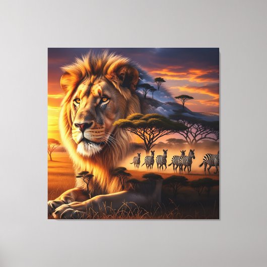 African Lion & Zebra Sunset Canvas Art Afdruk (Voorkant)