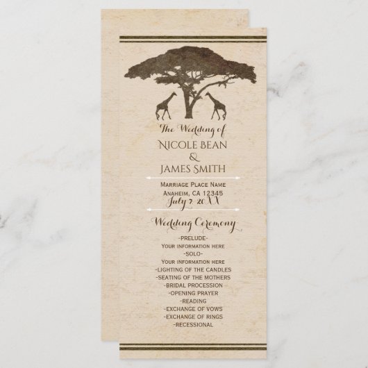 African Safari Giraffes Vintage Wedding Programme (Devant / Derrière)