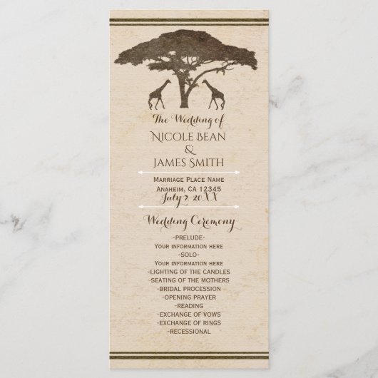 African Safari Giraffes Vintage Wedding Programme (Devant)