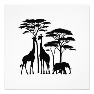 African Safari Silhouette - Giraffes, olifant, en Foto Afdruk