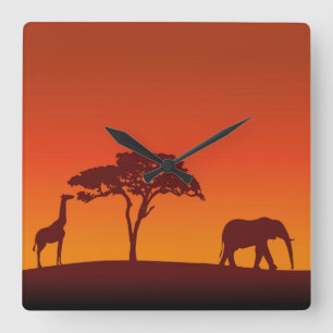 African Safari Silhouette - Wall Clock Vierkante Klok