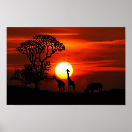 African Safari Sunset Animal Silhouettes Poster (Voorkant)