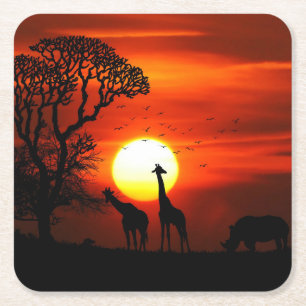 African Safari Sunset Animal Silhouettes Vierkante Kartonnen Onderzetter