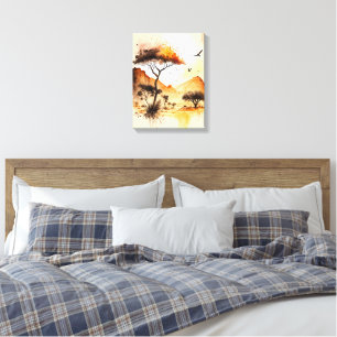 African Safari Sunset Waterverf met Acacia Tree Canvas Afdruk