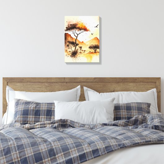 African Safari Sunset Waterverf met Acacia Tree Canvas Afdruk (Insitu (Slaapkamer))