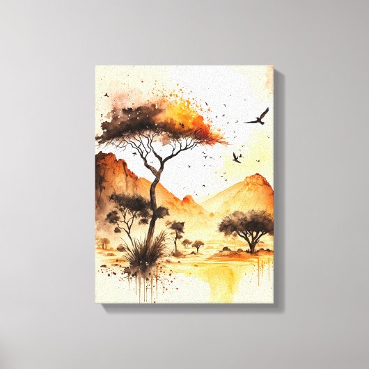 African Safari Sunset Waterverf met Acacia Tree Canvas Afdruk (Voorkant)
