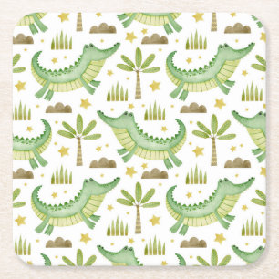 African Safari: Waterverf krokodil & palmbomen Vierkante Kartonnen Onderzetter