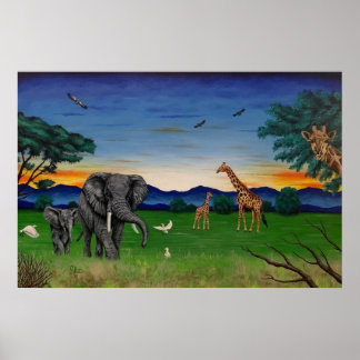 "African Sunset" Elephant Giraffe Art Poster Print