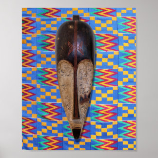 African Tribal Mask Blauw Geel Sinaasappel Kente Poster
