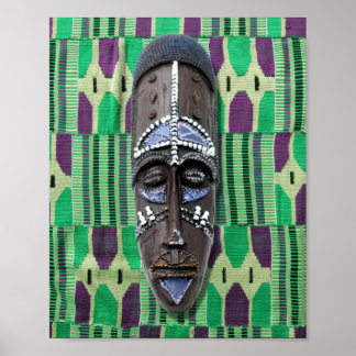 African Tribal Mask Cowrie Shells Oranje Green Poster