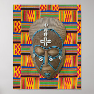 African Tribal Mask Cowrie Shells Oranje Green Poster