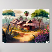 African Village Waterverf Digitale kunst Poster (Voorkant)