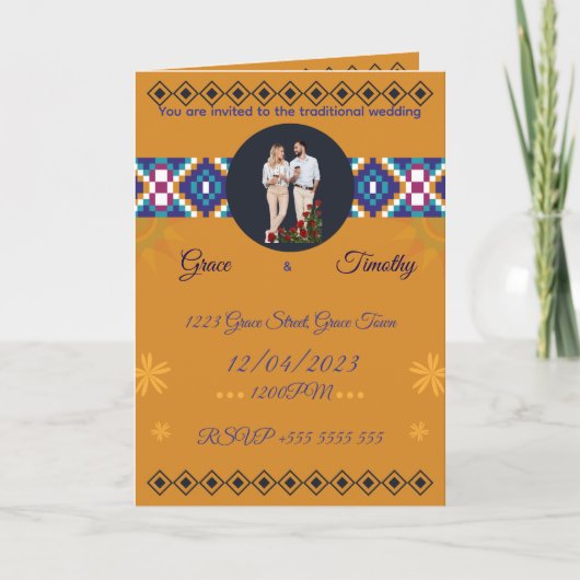African Wedding Invitation | Gold & Kente Pattern (Voorkant)