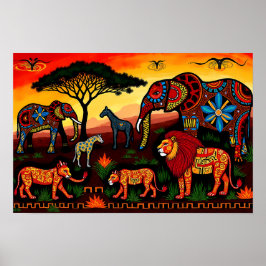 African Wildlife Harmony – Tribal Pattern Poster