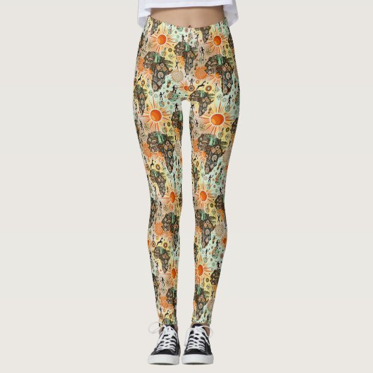 Afrika Kaart Decoratieve Tribale Elementen Patroon Leggings (Voorkant)