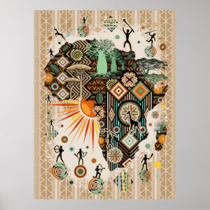 Afrika Kaart Decoratieve Tribale Elementen Patroon Poster