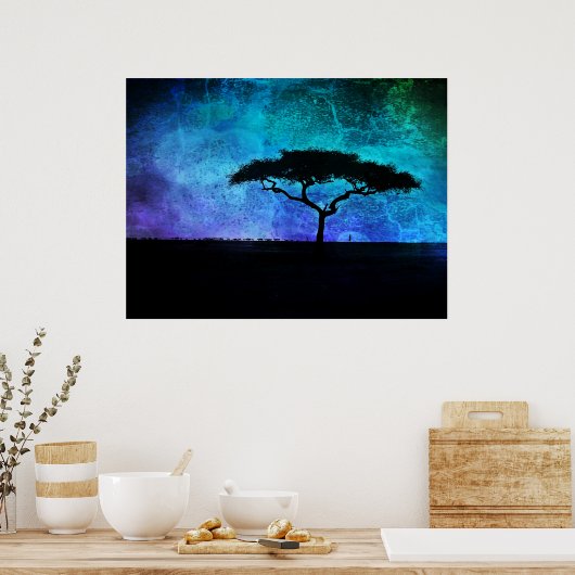 Afrikaans acia-boomlandschap in blauw en Paars Poster (Keuken)