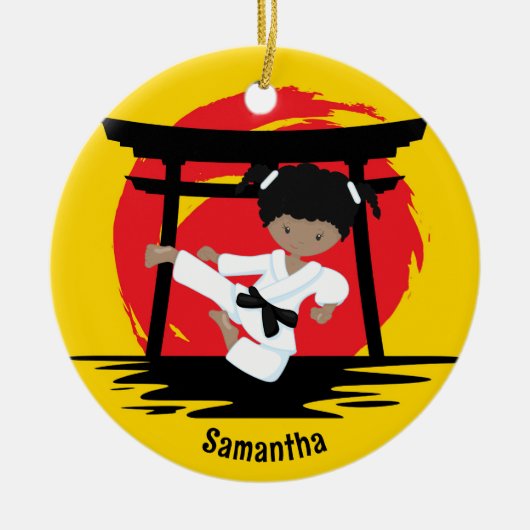 Afrikaans Amerikaans Karate Meisje Aangepaste Kers Keramisch Ornament (Voorkant)