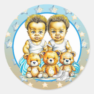 Afrikaans-Amerikaanse Twin Boy's Blue Baby shower Ronde Sticker
