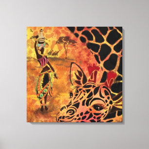 Afrikaans meisje en Giraffe - vrienden - kunstteke Canvas Afdruk
