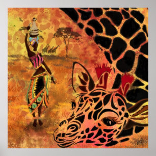 Afrikaans meisje en Giraffe - vrienden - kunstteke Poster