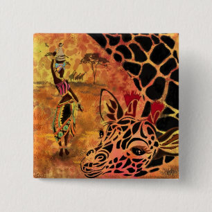 Afrikaans meisje en Giraffe - Vrienden - Kunstteke Vierkante Button 5,1 Cm