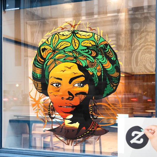 Afrikaans vrouwenportret met zonsondergang raamsticker (Cafe Raam)