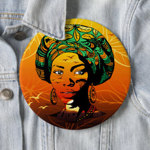 Afrikaans vrouwenportret met zonsondergang ronde button 6,0 cm