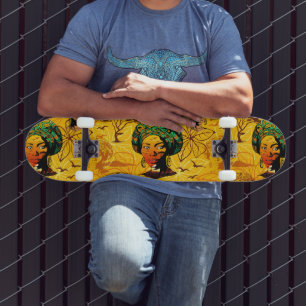 Afrikaans vrouwenportret met zonsondergang skateboard