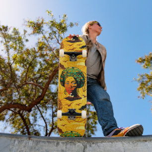 Afrikaans vrouwenportret met zonsondergang skateboard