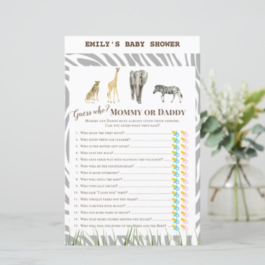 Afrikaans Wilde Baby shower Game PRINED (Staand voorkant)