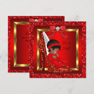 Afrikaanse Amerikaanse Baby shower Girl Red Glitte Kaart