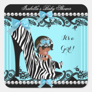 Afrikaanse Amerikaanse Baby shower Girl Zebra Blau Vierkante Sticker