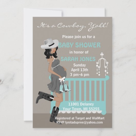 Afrikaanse Amerikaanse Cowboy Baby Shower-uitnodig Kaart (Voorkant)